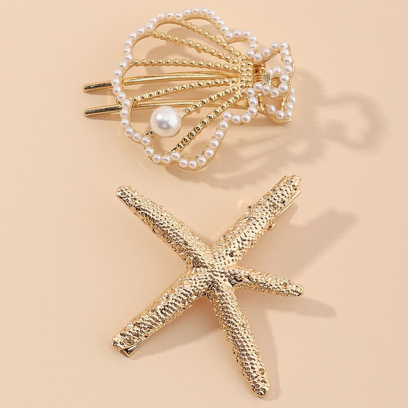 New Beach Hairpin Holiday Golden Starfish Pearl Hollow Small Shell Hairpin Side Clip Wholesale Nihaojewelry