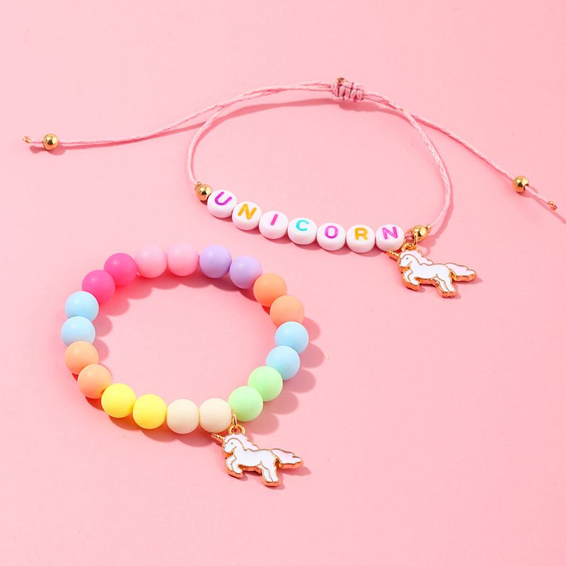 Korean Candy Color Letters Children's Beaded Unicorn Bracelet Two-piece Set Wholesale Nihaojewelry