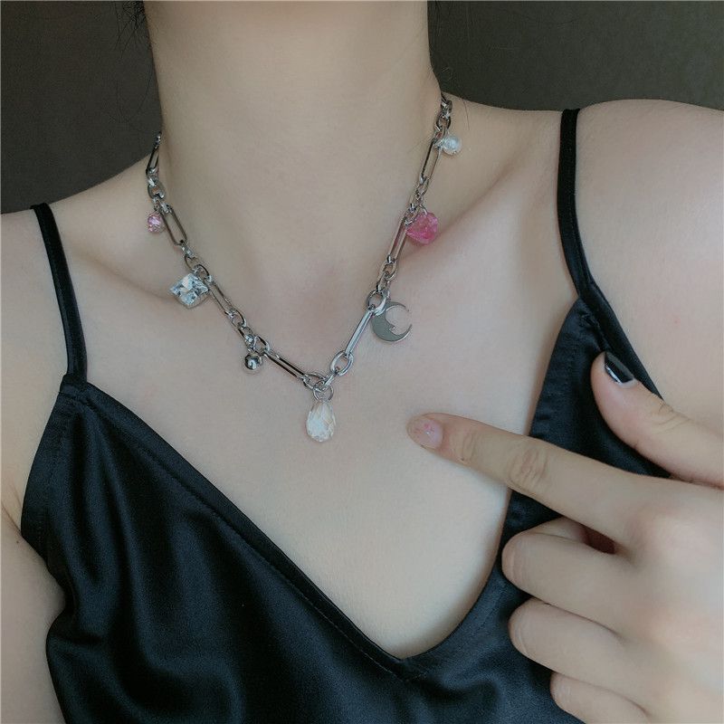 Korea New Niche Short Choker Chain Pink Crystal Pearl Moon Pendant Necklace For Women Wholesale