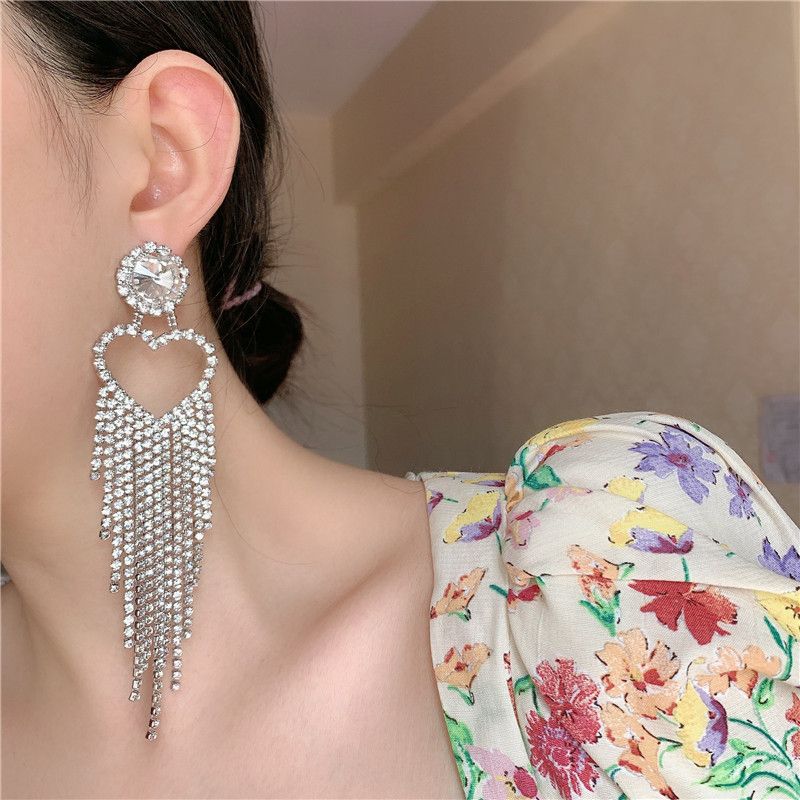Korea Earrings Diamonds Flashing Diamonds Peach Heart Long Tassel Earrings Women