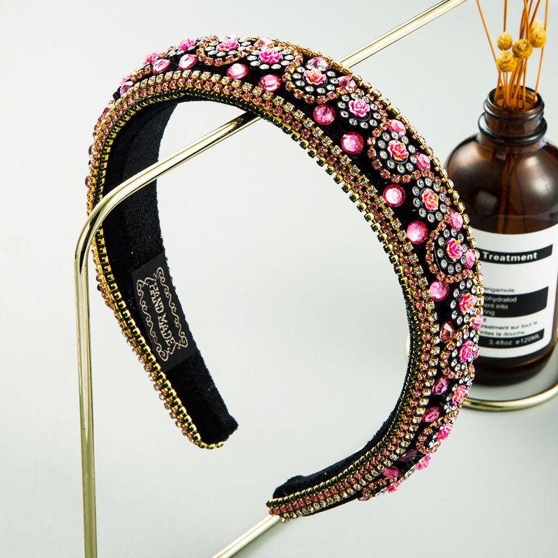 New Fashion Rose Flower Inlaid Rhinestone Thin Sponge Headband Luxury Ball Baroque Hair Accessories