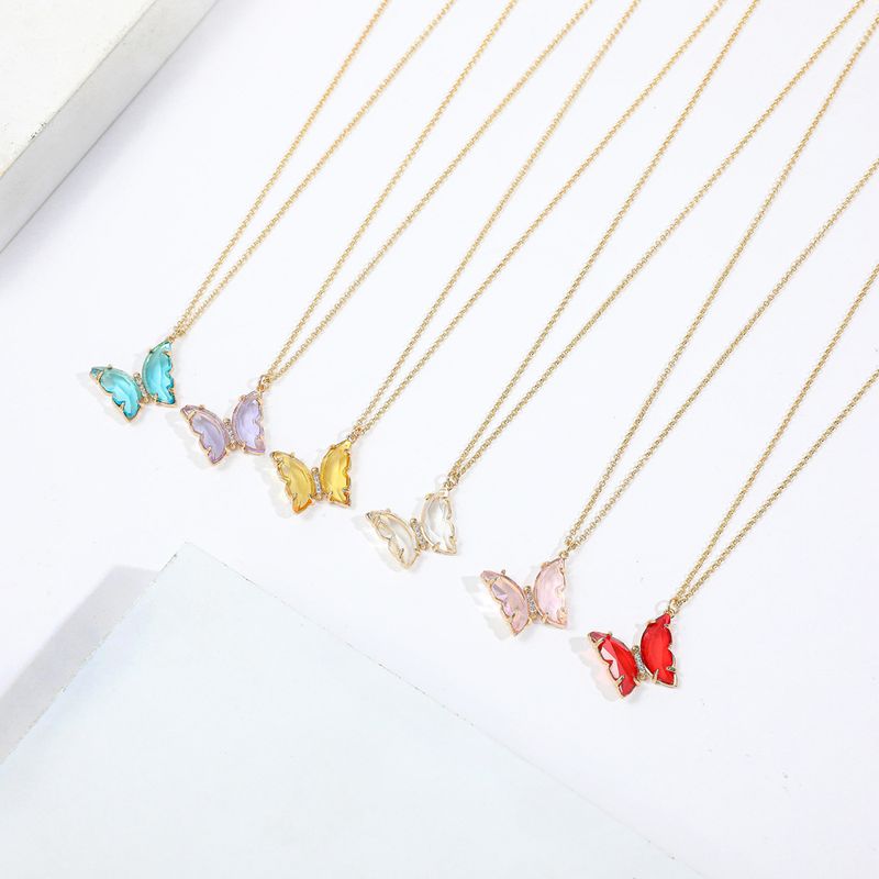 Fashion Girls Dream Transparent Crystal Glass Butterfly Alloy Necklace Clavicle Chain