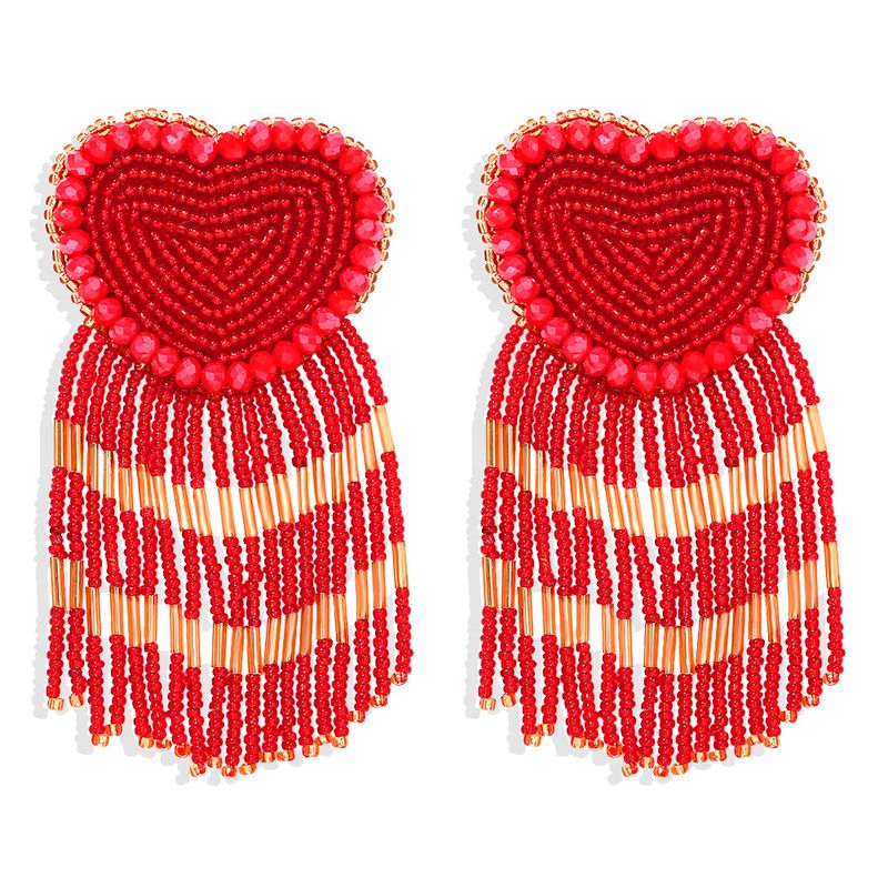 Fashion Retro Peach Heart Rice Beads Tassel Earrings