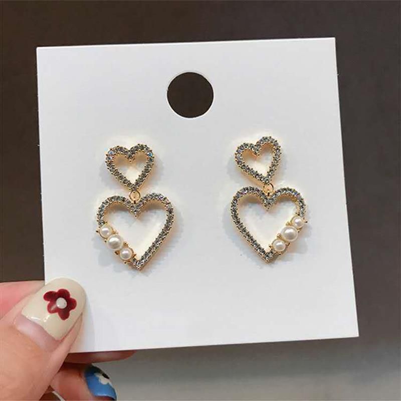 925 Aguja De Plata Moda Coreana Diamante Completo Doble Amor Melocotón Hueco Corazón Perla Nuevos Pendientes De Moda