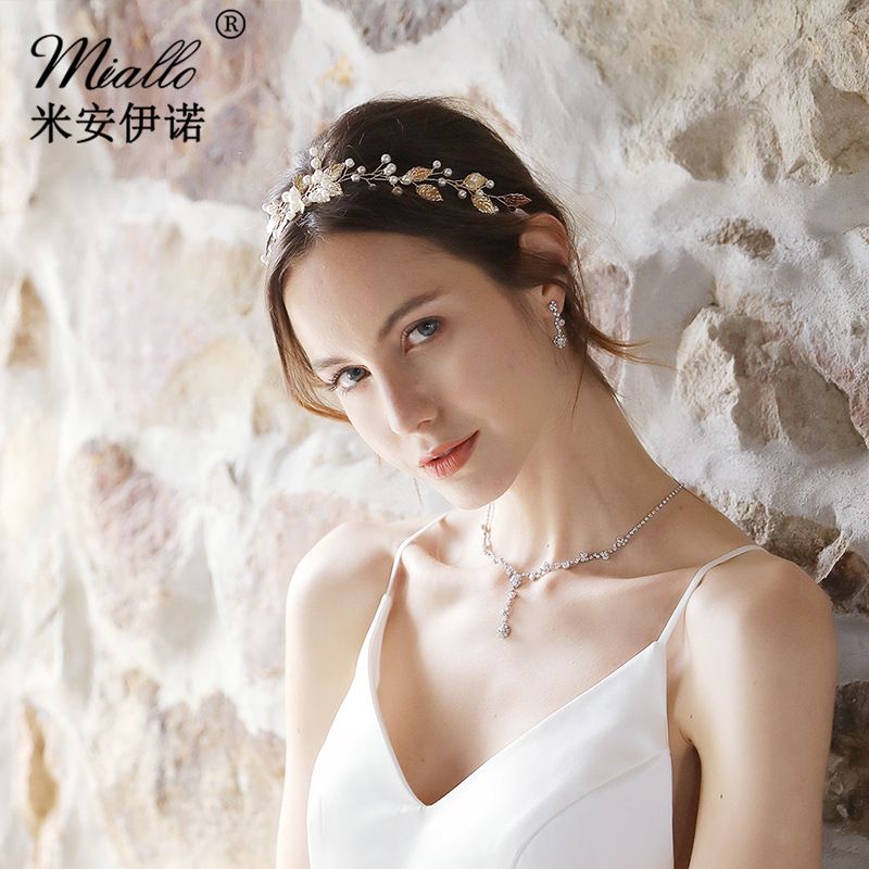 Mianino Creative Style European And American Bride Headdress Hand-woven Simple Pearl Hair Band Golden Leaf Hair Band