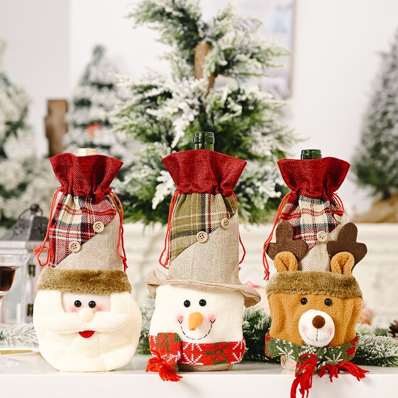 Haobei Christmas Decoration Supplies Linen Button Plaid Bottle Cover Cartoon Old Snowman Wine Bottle Bag Wine Gift Box