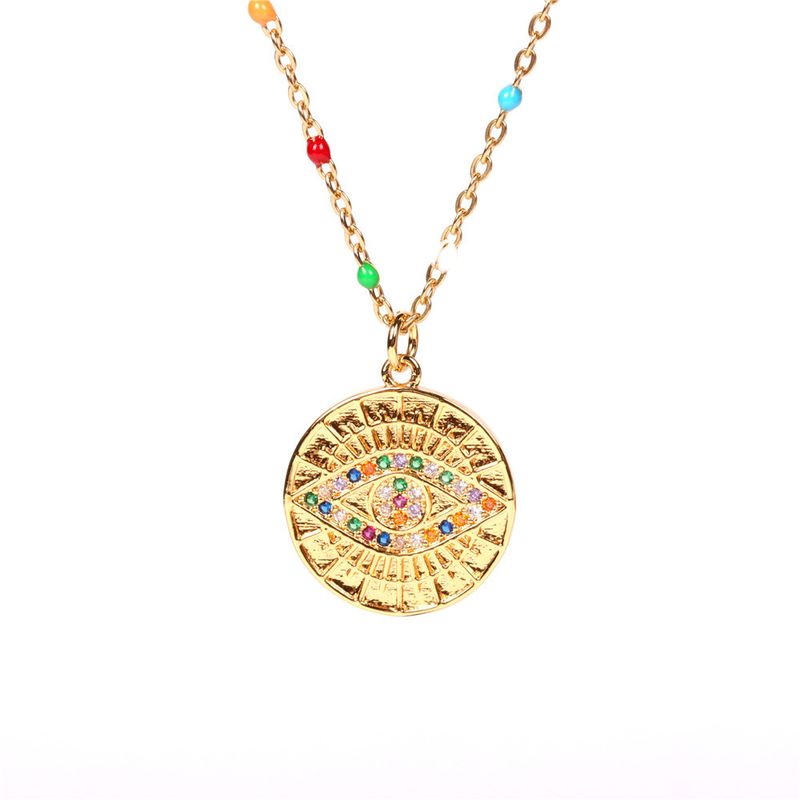 Wholesale Moda Diamantes De Colores Retro Diablo Redondo Medalla Collar De Monedas Ojo Cadena De Clavícula