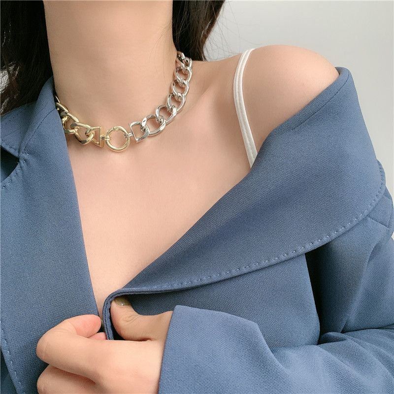 Fashion Exaggerated Gold And Silver Double Color Wide Chain Clavicle Chain Simple Thick Chain Short Necklace For Women