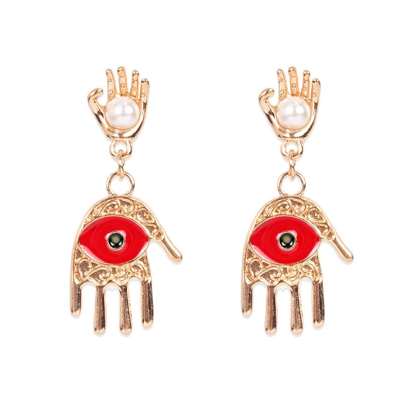 Retro Alloy Inlaid Pearl Red Eyes Palm Fashion Earrings Wholesale