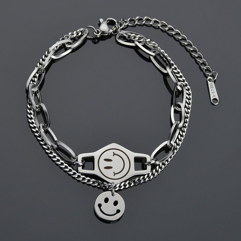 Fashion Smiley Face Round  Retro Stitching Chain Wild Double-layer Stainless Steel Bracelet For Women