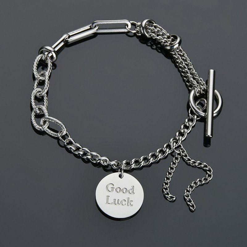 Retro Round Korean Ot Buckle Letter Stitching Chain Titanium Steel Tassel Bracelet