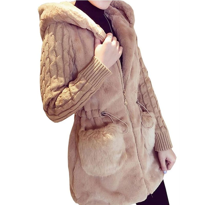 Hot Selling Classic Fashion Knitted Stitching Plush Faux Fur Padded Hooded Jacket