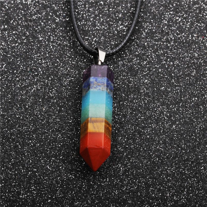Fashion New Geometric Ethnic Style Wax Rope Colored Stone Pendant Necklace