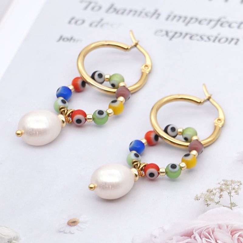 1 Pair Ethnic Style Devil's Eye Stainless Steel Beaded Freshwater Pearl Hoop Earrings Drop Earrings