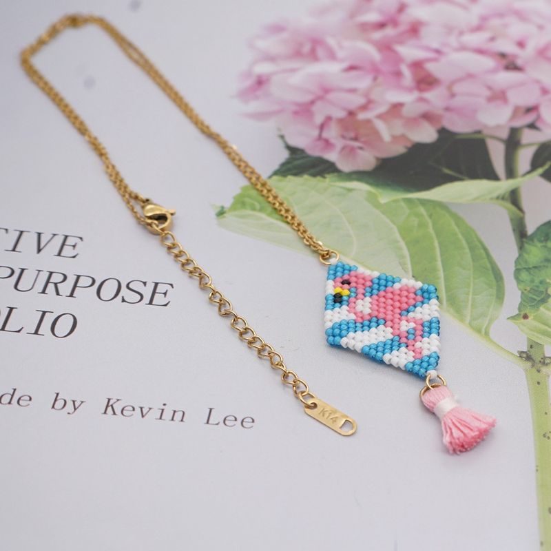 Mode Neue Reisperlen Im Ethnischen Stil Gewebte Flamingo Handgemachte Wilde Edelstahl Halskette