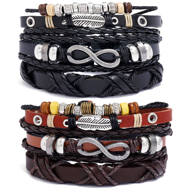 Conjunto De Tres Piezas De Pulsera De Piel De Vaca Trenzada Retro De Gran Venta