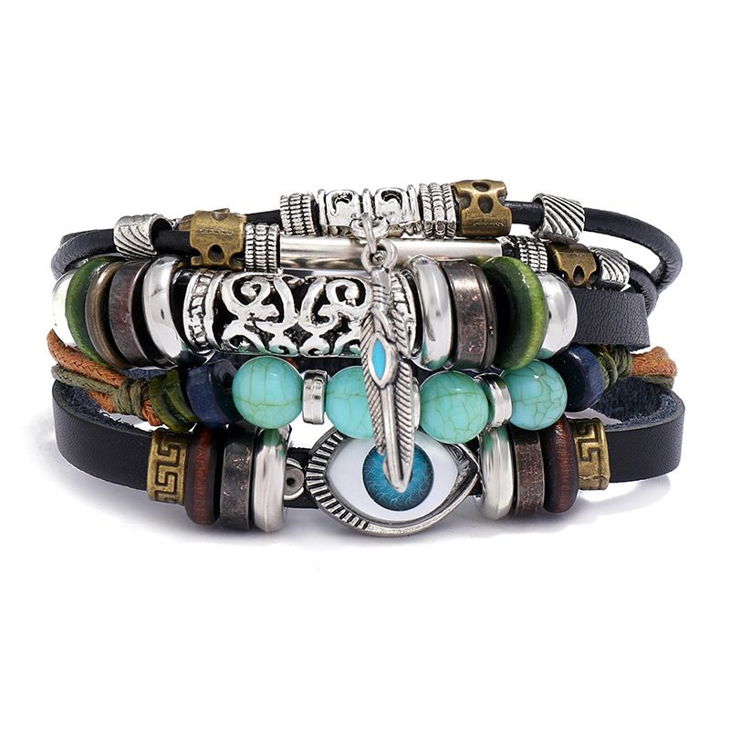 Nouveau Bracelet Tendance Réglable En Cuir De Vachette Perlé Multicouche Multicouche Yeux Bleus