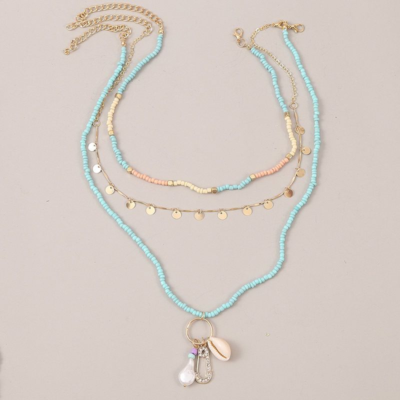 Bohemian Style Multi-layer Woven Shell Rice Bead Trend Pearl Pendant Necklace Jewelry