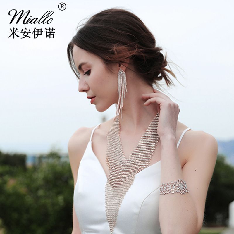 Fashion New Tassel V-shaped Luxury Rhinestone Jewelry Punk Party Dress Accessories Exaggerated Necklace