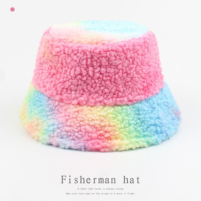 Tie-dyed Hat Female Autumn And Winter New Fashion Casual Bucket Hat Korean Style All-match And Sweet Color Matching Lamb Wool Bucket Hat