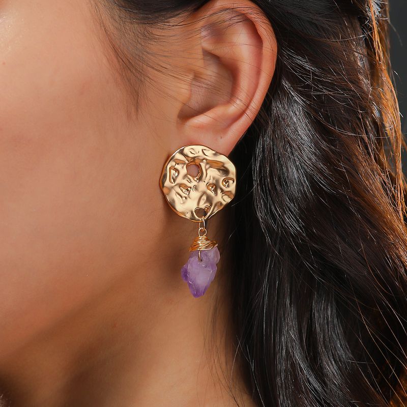 Hot-selling Irregular Metal Winding Purple Natural Stone Pendant Fashion Earrings