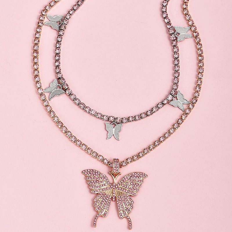 Moda Rosa Diamante Mariposa Colgante Collar De Mujer