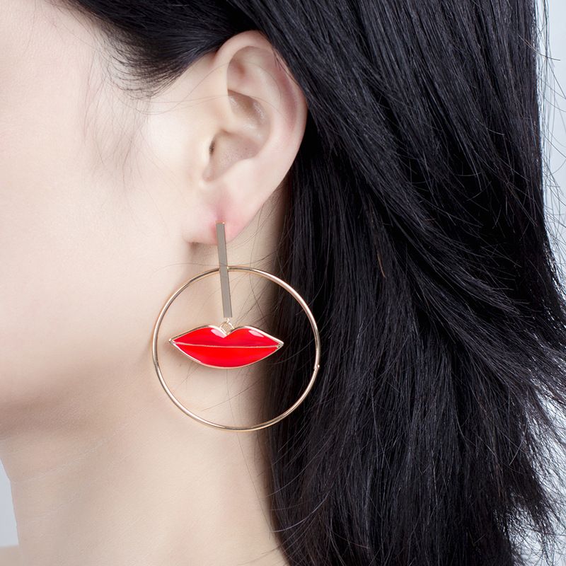 Fashion New Asymmetrical Eyes Lips Big Circle Alloy Earrings For Women