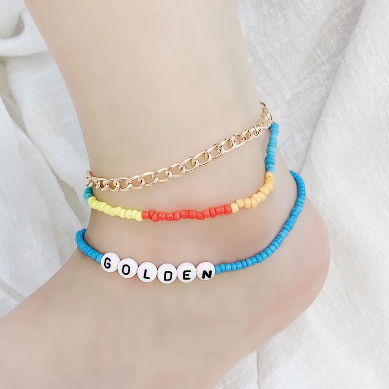 New Fashion Stacking Multi-layer Hand-woven Rice Beads Letter Anklet Set