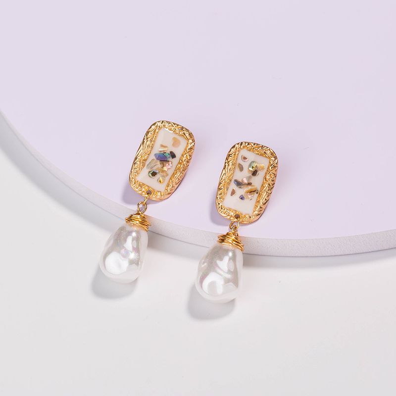 European And American Fashion Popular Ornament White Dripping Oil Color Shell Ear Hook Hand-woven Pure White Pearl Earrings