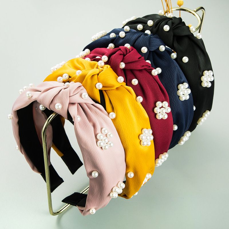 New Korean  Pure Color Satin Fabric Wide-sided Nail Pearl Headband