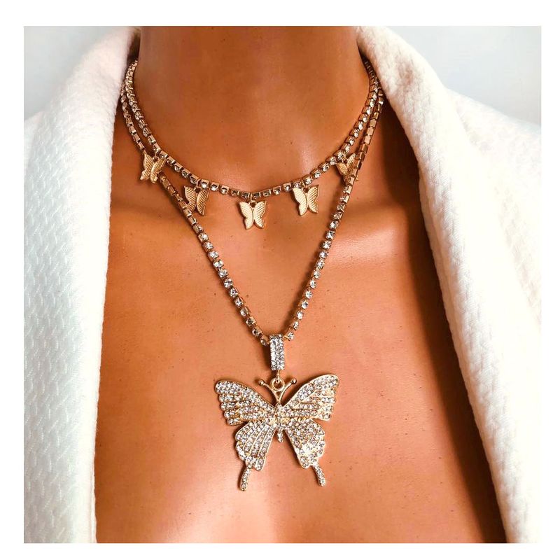 Fashion New Glass Rhinestone Multilayer Simple Butterfly Necklace For Women
