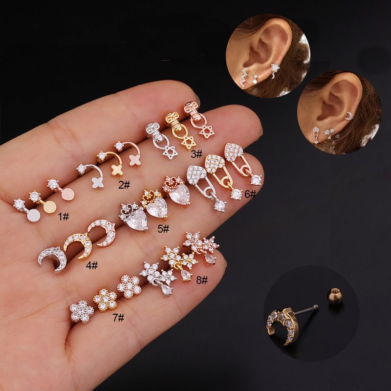 Ear Cartilage Rings & Studs Flower 316 Stainless Steel  Copper Inlaid Zircon
