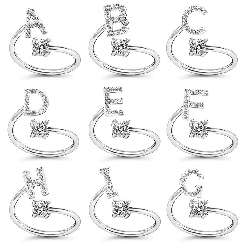 Fashion Simple New  Diamond  26 English Letter Opening Adjustable Alloy Ring