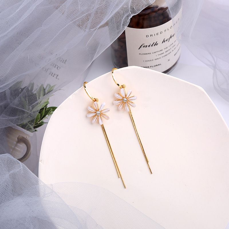 Tassel Wild Korean Long S925 Silver Needle Simple Flower Earrings For Women