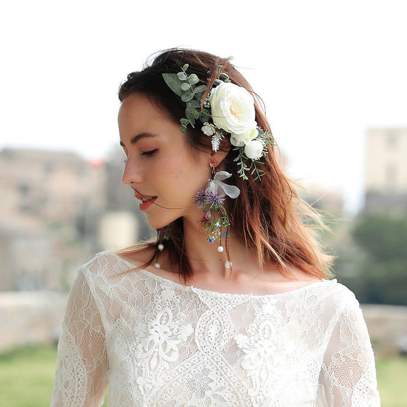 Bride Korean Cloth Simulation Flower Tassel Long Wedding  Earrings
