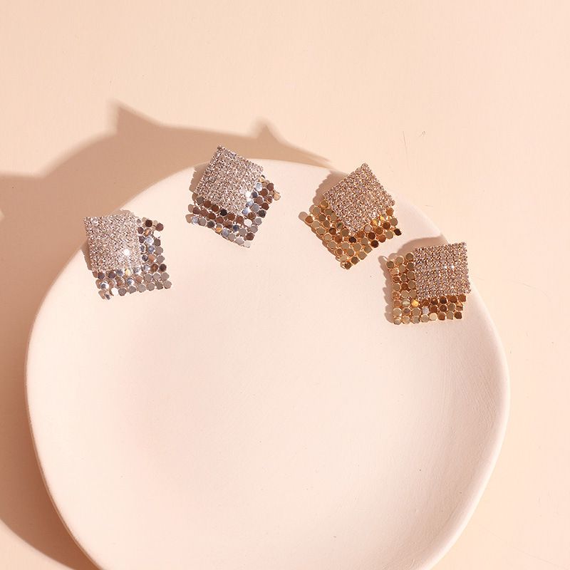 Fashion Retro Geometric Full Diamond Square Copper Earrings For Women