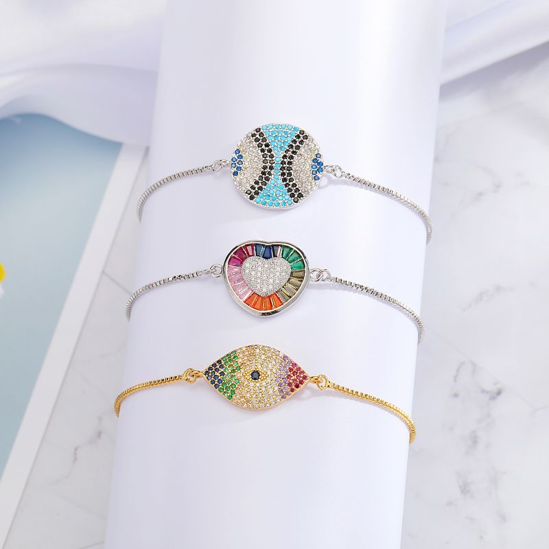 Fashion Colorful Zircon Eye Brazil Style Religious Simple Love Round Copper Adjustable Bracelet
