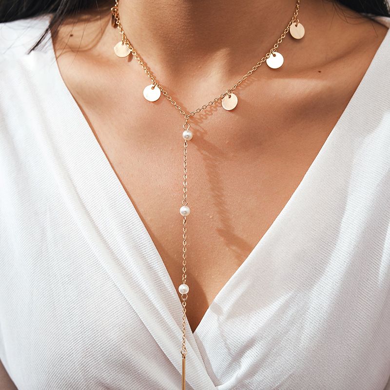 Fashion Simple Wild Retro Disc Pearl Clavicle Chain Necklace For Women