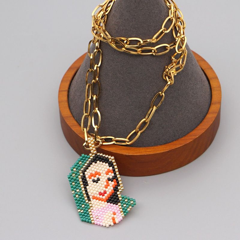 Religion Virgin Mary Hug Jesus Ethnic Style Rice Beads Woven Handmade Titanium Steel  Necklace
