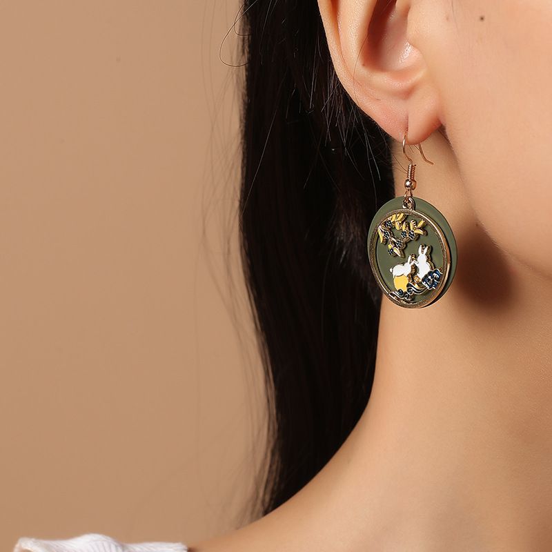 Korea Fashion Simple Cute Chinese Style Traditional Drip Painting Moon Palace White Rabbit Earrings