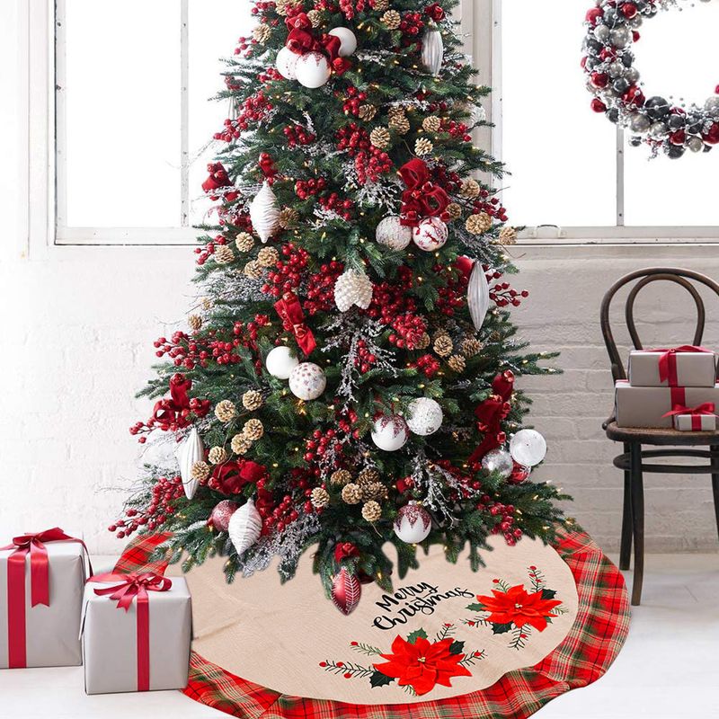 Creative Big Red Flower Linen Tree Skirt Hot-selling Lattice Christmas Tree
