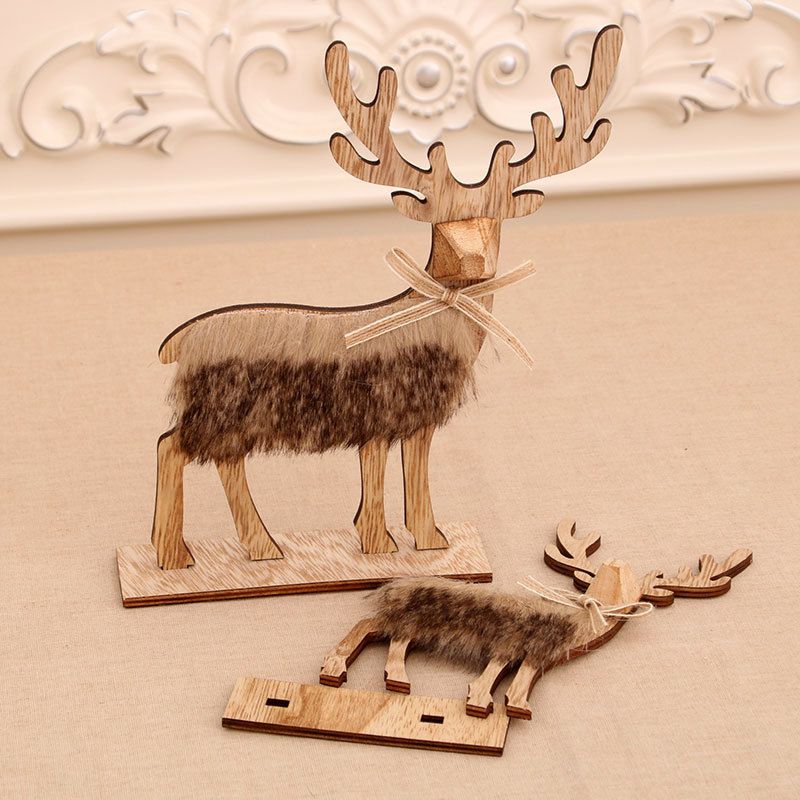 Wooden Assembled Christmas Deer Ornaments Log Style Plush Christmas Deer