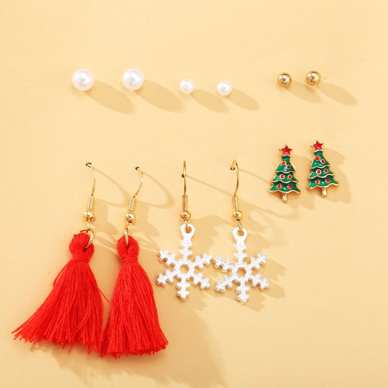 Ornament Creative Retro Pearl Tassel Snowflake Earring Set