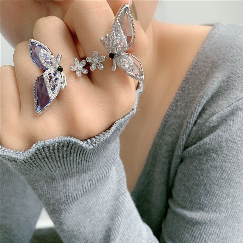 Flash Diamond Rhinestone Butterfly Zircon Open Ring