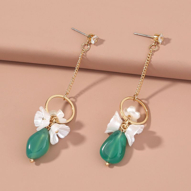 Nuevos Pendientes Largos Retro De Flores De Piedra Natural Verde.