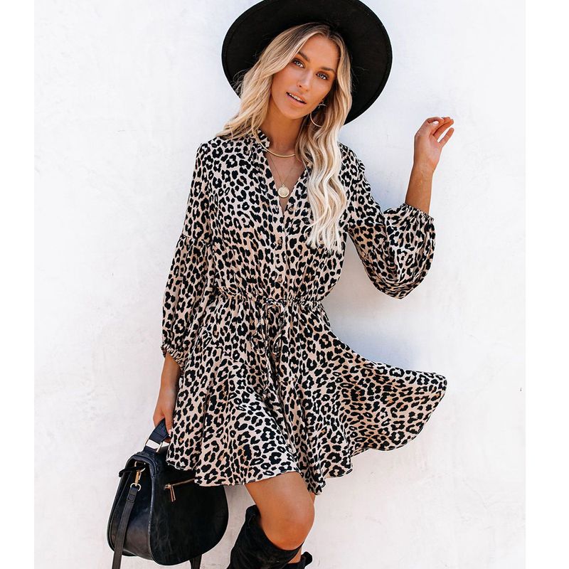 Spring New Leopard Print Lantern Sleeve Ruffled Long Sleeve Mid-length Dress