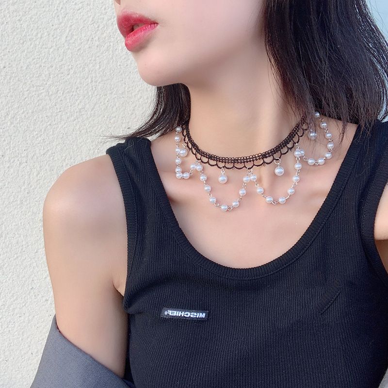 Fashion New Pearl Lace Tassel Alloy Clavicle Chain Necklace For Women Wholesale