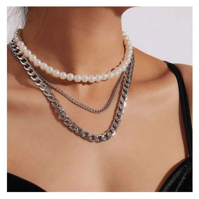 Creative Fashion Thick And Thin Chain Pearl Multi-layer Necklace Clavicle Chain Jewelry Necklace