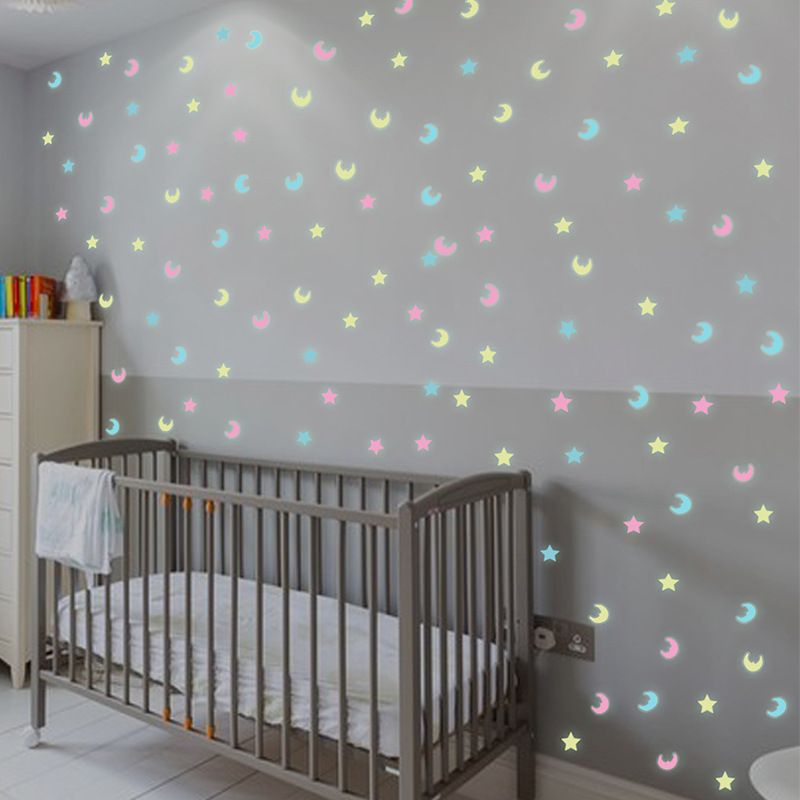 100pcs Luminous Mixed Color Stars And Moon 3d Plastic Fluorescent Children's Room Home Decoration Wall Stickers
