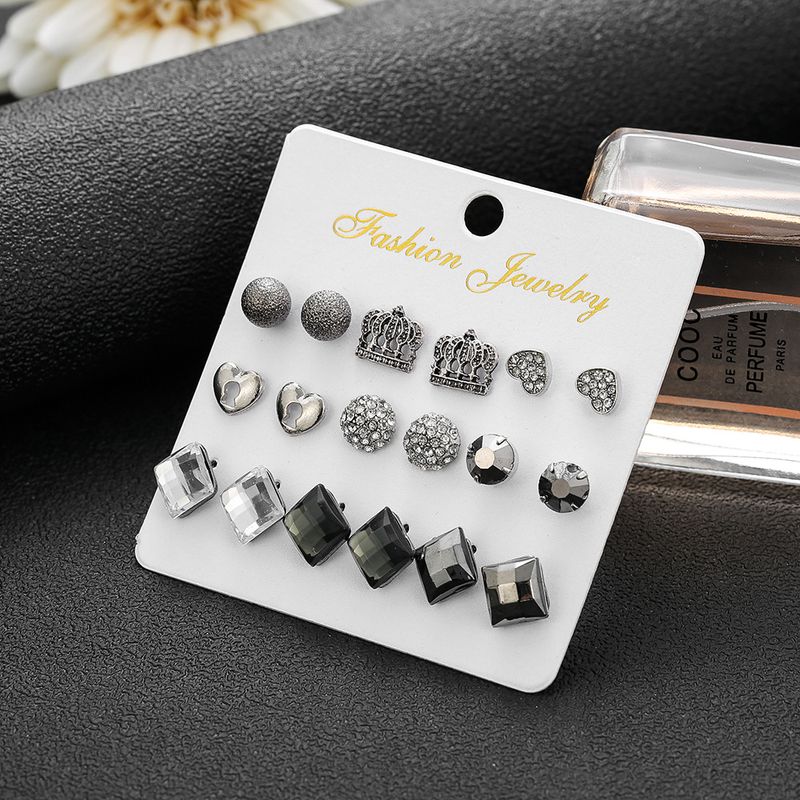 Black Square Rhinestone Earrings Retro Palace Style All-match Earrings 9 Pairs Set